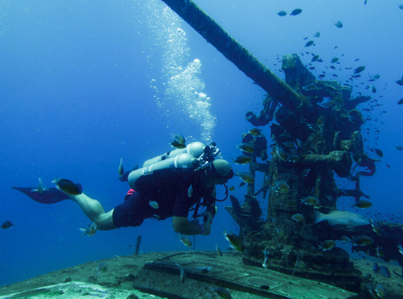 Scuba diver looking at shipwreck gun.